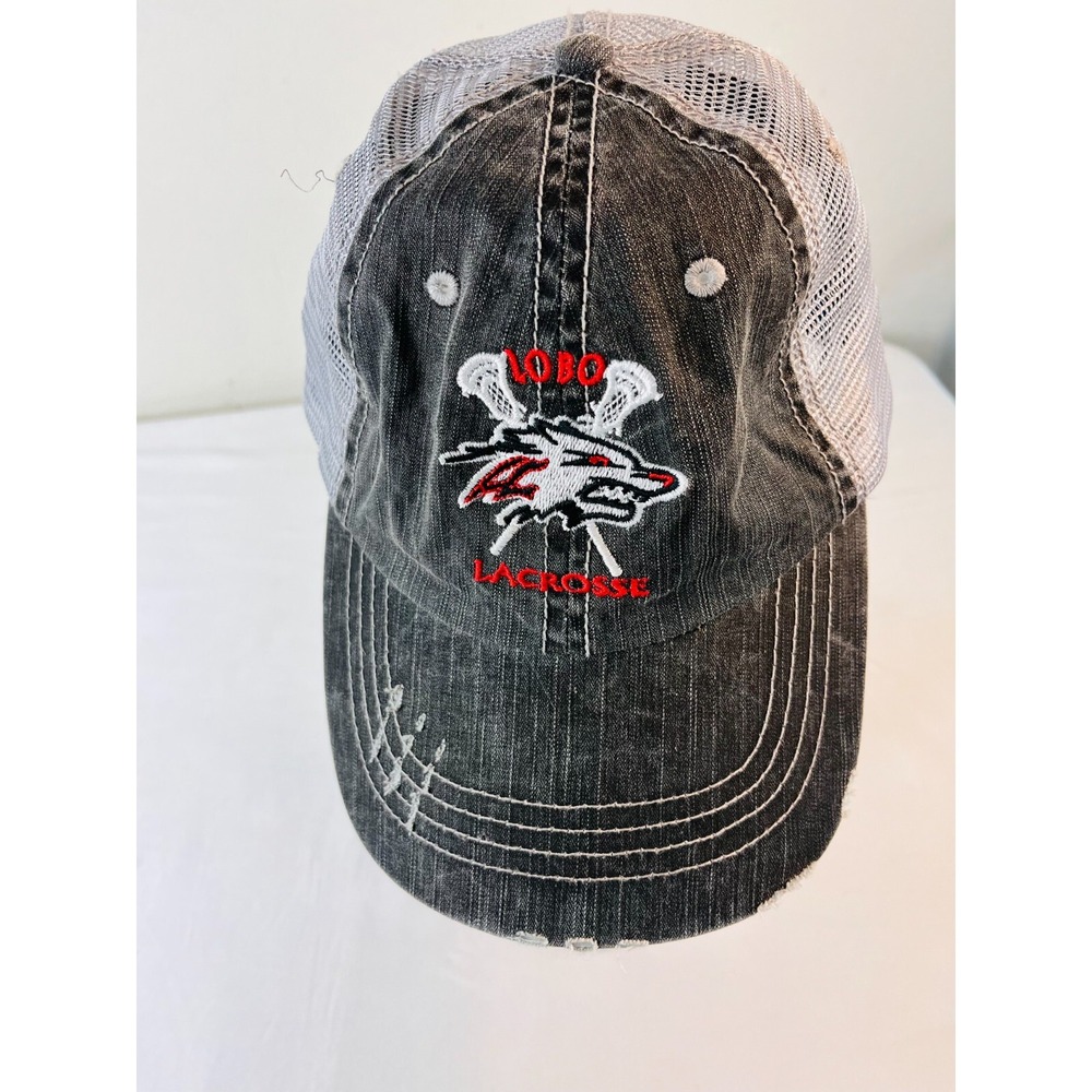 Lobo Lacrosse Sports Adult Distressed Baseball Cap Hat‎ Mountains Meshback Gray